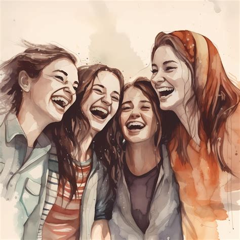 Uma Pintura Em Aquarela De Amigas Rindo Foto Premium