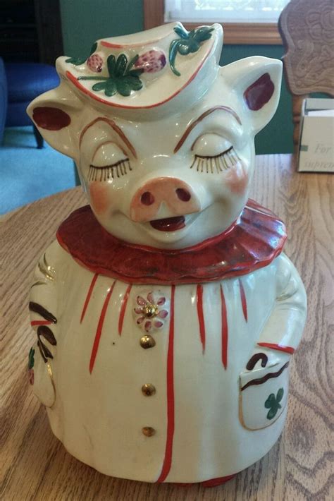 RARE 1940 S Antique Shawnee Cookie Jar Vintage Winnie Pig Red Gold Trim