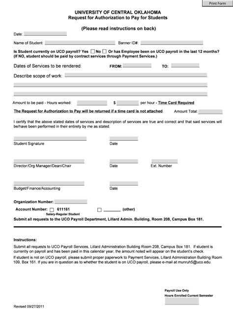 Fillable Online Uco Student Request For Authorization To Pay