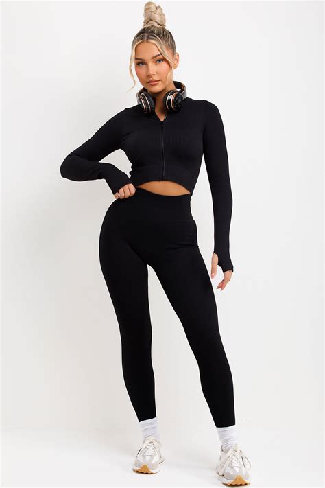 Women S Ribbed Leggings And Zip Up Front Jacket Set Activewear Uk