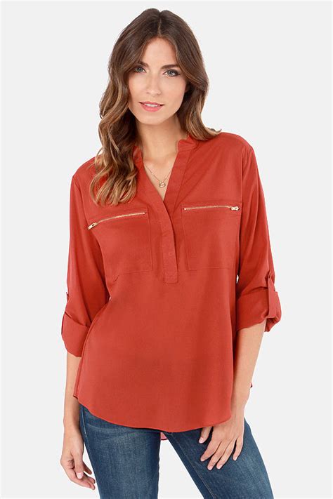 Cute Orange Top Long Sleeve Top Burnt Orange Blouse 31 00 Lulus