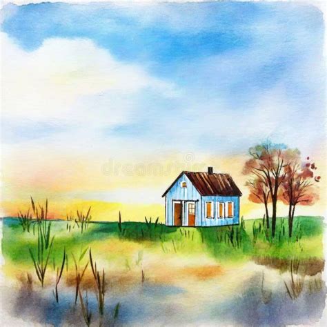 Watercolor of House on the Beach at Sunset Stock Illustration ...