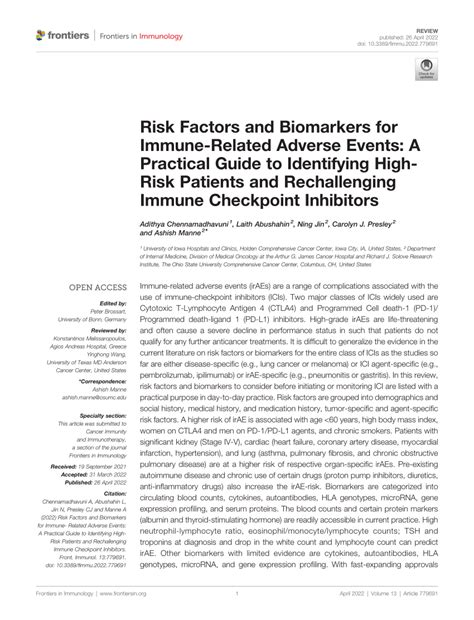 Pdf Risk Factors And Biomarkers For Immune Related Adverse Events A