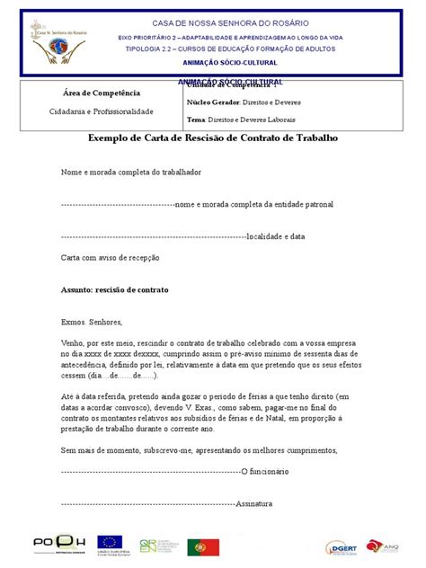 Exemplo De Carta De Rescisão De Contrato De Trabalho Pdf Banco De