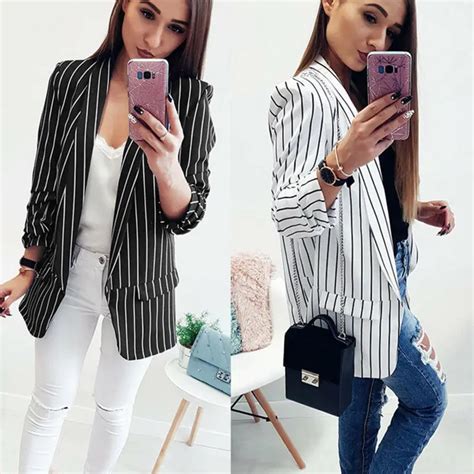 Fashion Women Blazers Females Casual Black White Striped Blazers Stylish Slim Long Blazer Office