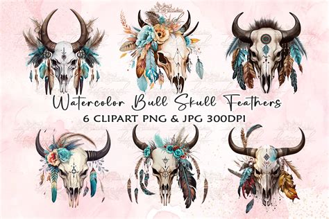 Watercolor Bull Skull Feathers Clipart Graphic By Diceenid · Creative Fabrica