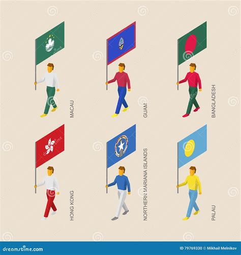 Isometric People With Flags Hong Kong Bangladesh Macau Guam Stock