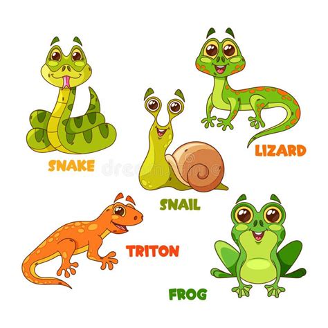 Cartoon Reptile Characters Isolated Vector Set Snail Snake Triton