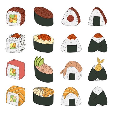 Premium Vector Hand Drawn Sushi And Onigiri Japanese Traditional