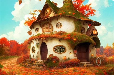 Fantasy big fairy house on the autumn forest Digital painting artwork ...