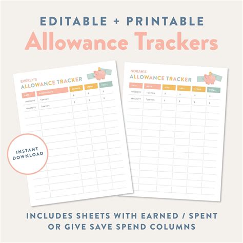 Allowance budget tracker for kids printable expense list editable