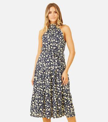 Mela Navy Floral High Neck Midi Dress New Look