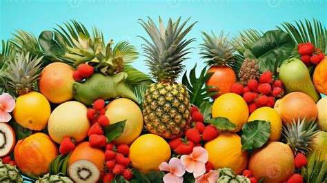 A vibrant wallpaper pattern of tropical fruits like pineapples, mangoes ...