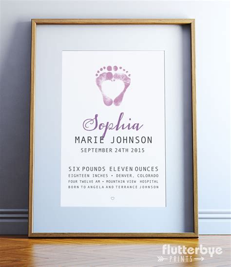 Baby Footprint Art Birth Poster Nursery Name Wall Art Etsy