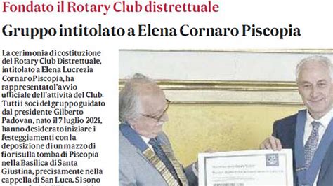 Fondato Il Rotary Club Distrettuale Intitolato A Elena Cornaro Piscopia