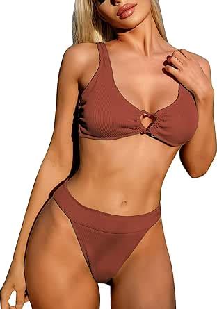 Amazon ZAFUL Women S Two Piece Bikini Sets Ribbed Bathing Suit Cheeky High Cut Thong Padded