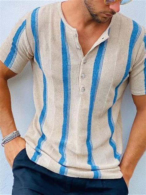 Homme Chemise Henley Shirt T shirt Rayé Henley Plein Air Vacances