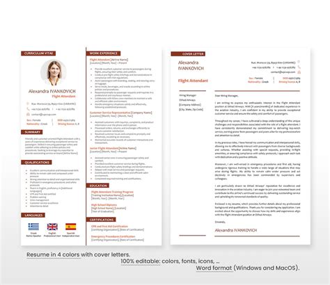 Professional Cabin Crew Cv Template Editable Flight Attendant Resume Pdf Download Etsy