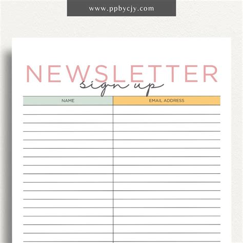 Email Newsletter Sign Up Sheet Printable Template