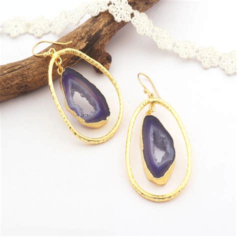 Geometric Jewelry Real Crystal Geode Agate Slice Druzy Hanging Gold