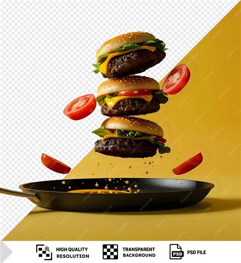 Premium Psd Amazing Mockup Of Homemade Burgers Flying In A Frying Pan Png