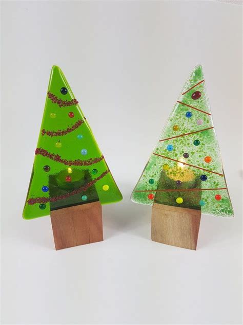 Fused Glass Christmas Tree And Wooden Candle Holder Glass Christmas