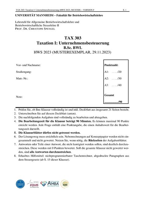 TAX 303 Klausur Muster HWS 2023 TAX 303 Taxation I