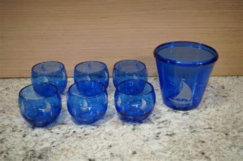 Vtg Hazel Atlas Cobalt Blue Glass Sailboat Ice Bucket 6 Glasses