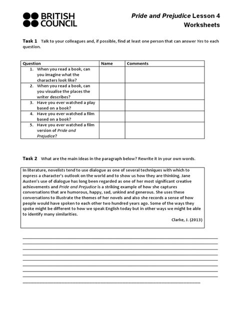 Pride And Prejudice Lesson Worksheet Pdf Pride And Prejudice