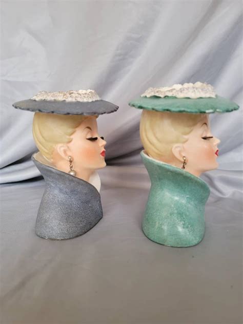 Rare Pair Vintage Lady Head Vases Napco Etsy