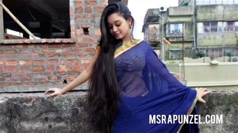 Msrapunzel Indian Rapunzel Flaunts Her Hip Length Hair In Blue Saree Youtube