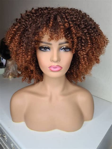 Synthetic Afro Kinky Curly Wig With Bangfringe In Brown Made Of High