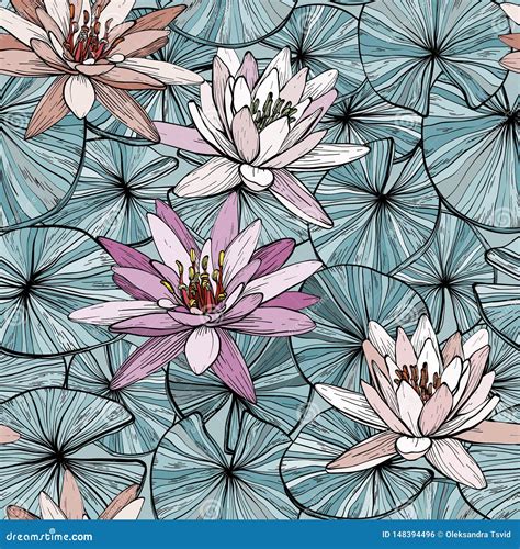 Seamless Blue Pattern With Water Lilies Stock Vector Illustration Of