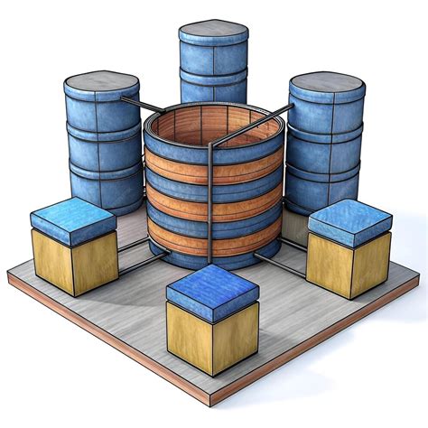 stylized illustration   multi level platform   barrels