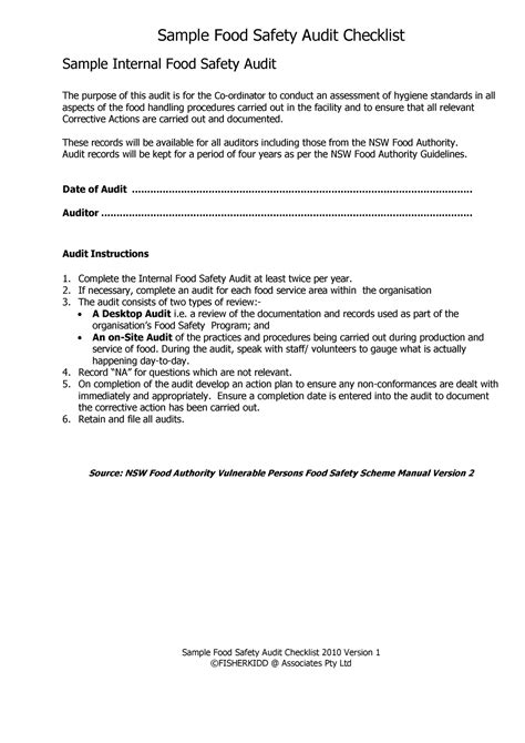 Sample Food Safety Audit Checklist These Records Will Be Available