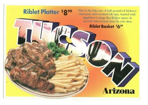 Applebees Restaurant Tucson Az Riblet Platter Vtg 55 X 75 Postcard