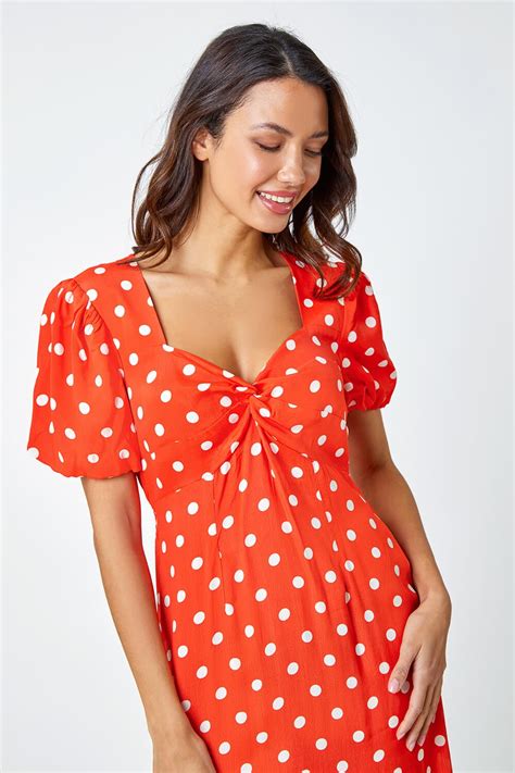 Red Polka Dot Twist Front Midi Dress Roman Uk