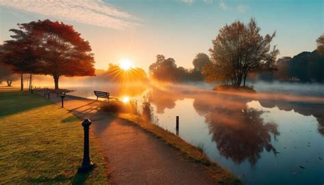 Premium Photo | Tranquil Dawn Sunrise Over Park and Lake