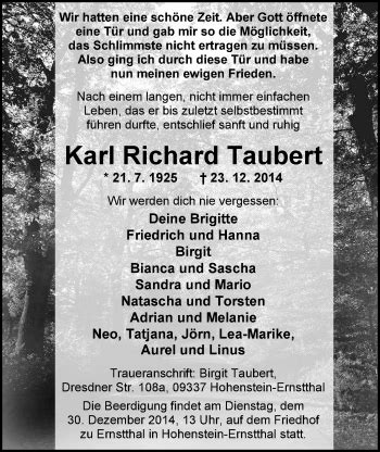 Traueranzeigen Von Karl Richard Taubert Nordwest Trauer De