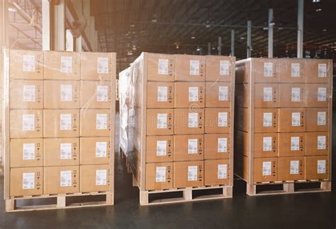 Stacked Of Package Boxes Wrapped Plastic Flim On Pallet With L Shape