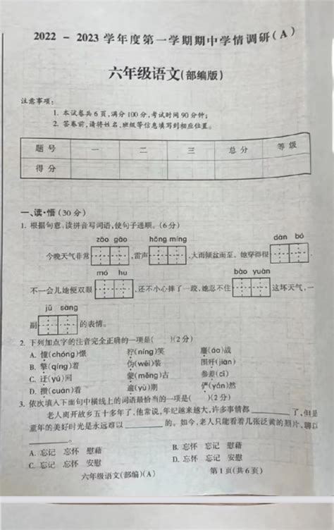 2022陕西榆林定边县六年级上册语文期中试卷（下载版） 六年级语文期中上册 奥数网