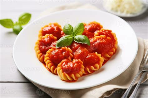 Heart Shaped Spaghetti With Tomato Sauce And Parmesan Cheeses On White