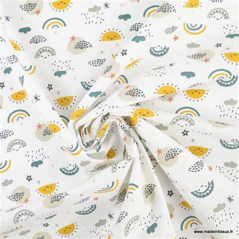 Tissu Cretonne Coton Cazko Motifs Arc En Ciel Et Nuages Fond Blanc