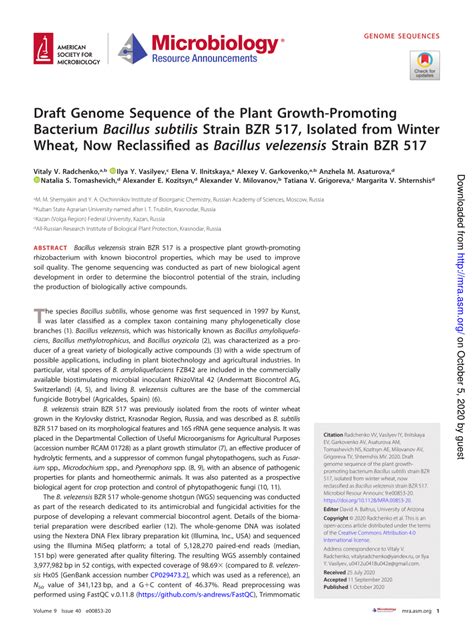 Pdf Draft Genome Sequence Of The Plant Growth Promoting Bacterium Bacillus Subtilis Strain Bzr