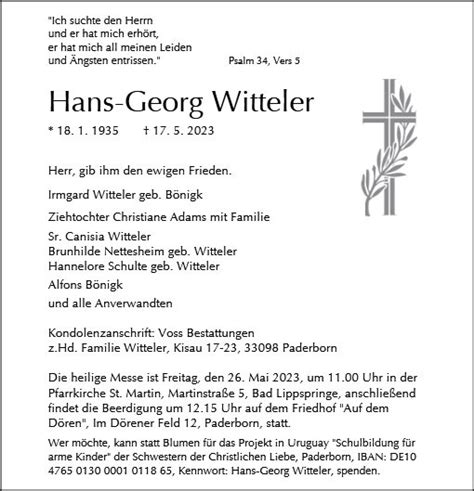 Gedenkseite für Hans Georg Witteler Voss Bestattungen