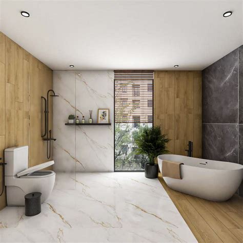 Bathroom Design With White Baththub And Wooden Wall Panels | Livspace