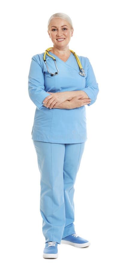 Full Length Portrait of Female Doctor in Scrubs Isolated on White Stock Photo - Image of ...