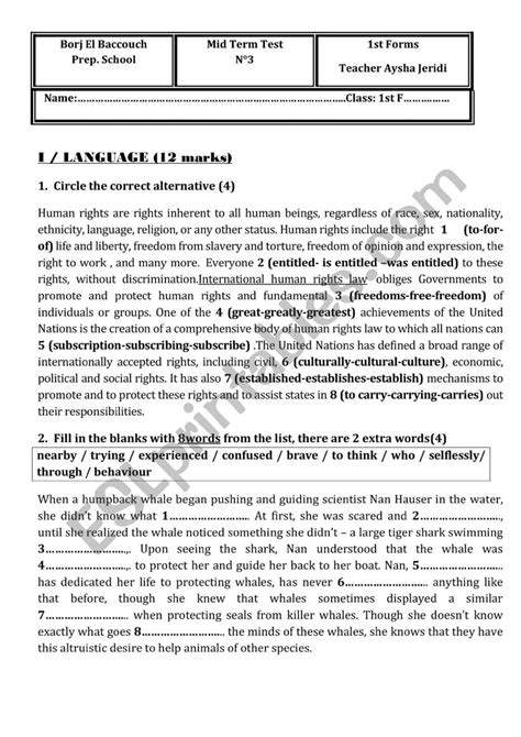 Mid Term Test 3 1st Form ESL Worksheet By Aysha7 7 7