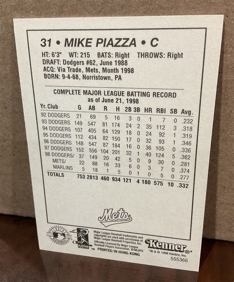 MIKE PIAZZA 1999 KENNER STARTING LINEUP CARD NEW YORK METS EBay