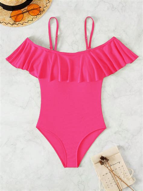 SHEIN Swim Chicsea Maillot De Bain Une Pièce À Volants Unicolore Mode